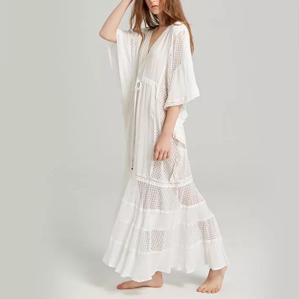 5Star ⭐️ White Pearl Cotton Maxi Dress, Embroidered Bohemian Flowing Maxi Gown